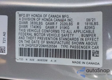 2022 Honda Civic Lx из США, поврежденный, VIN 2HGFE2F20NH526584